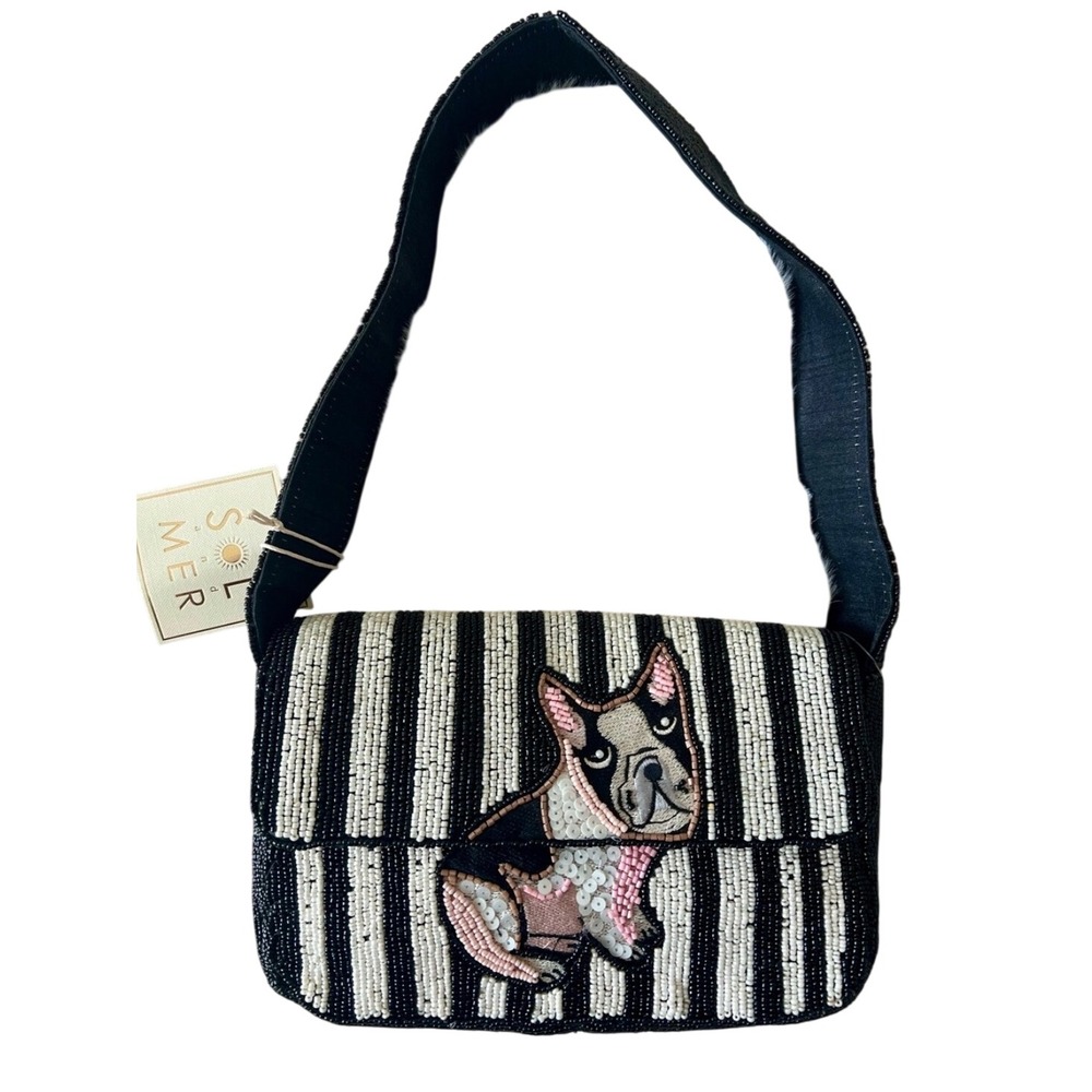 Sol Mer Viral Fall French Bulldog Black  White Striped Beaded Shoulder Bag NWT